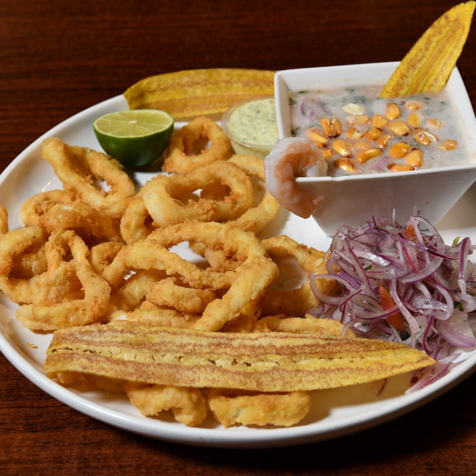 Plate of fried calamari with plantains, lime, shrimp-topped creamy ceviche, dipping sauce, and red onion salad.